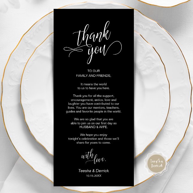 Janta De Casamento, Colocação De Cartões Obrigado (Wedding Dinner, Place Setting Thank You Card, in Modern Classy Script, Classy Black.)