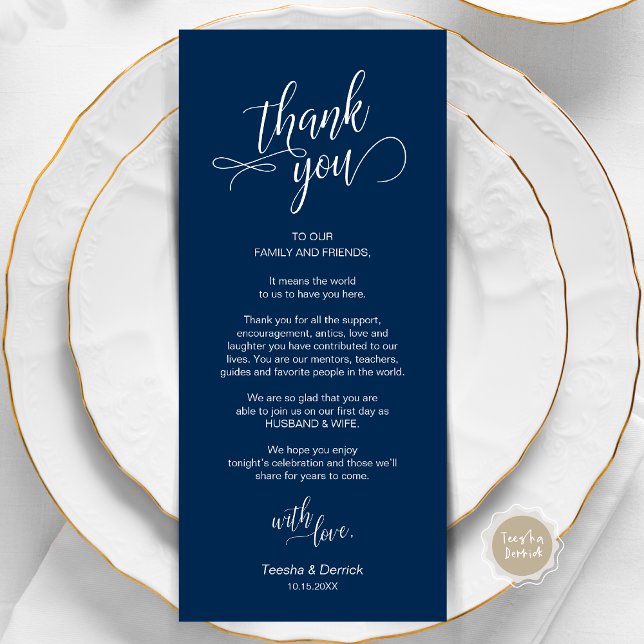 Janta De Casamento, Colocação De Cartões Obrigado (Wedding Dinner, Place Setting Thank You Card, in Modern Classy Script, Navy Blue.)
