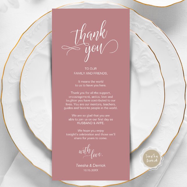 Janta De Casamento, Colocação De Cartões Obrigado (Wedding Dinner, Place Setting Thank You Card, in Modern Classy Script, Dusty Rose.)