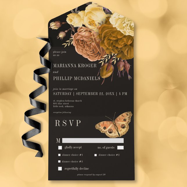 Janta Floral do Outono Negro Negro Escuro (Dark Moody Black Autumn Floral Dinner All In One Invitation)