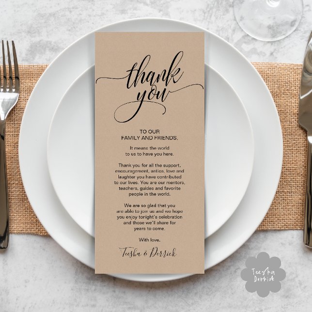 Janta Rustic Wedding Obrigado Colocar Cartão (Rustic Wedding Dinner Thank you Place Setting Card in cottage brown kraft theme)