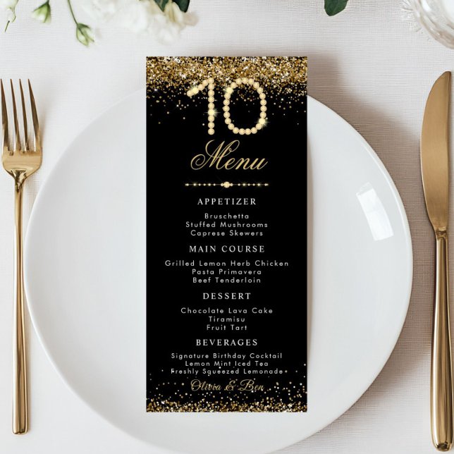 Jantar com Menu Fixo do 10º Aniversário da Gold Di (Gold Diamond 10th Anniversary wedding Menu card)
