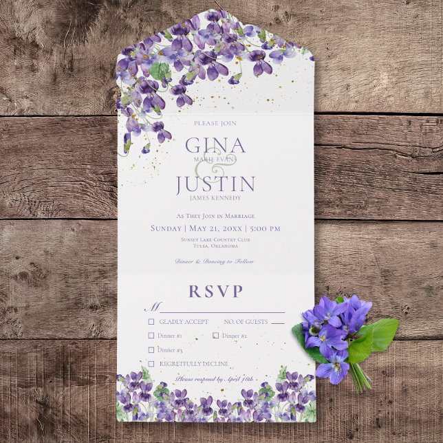 Jantar com Violeta Roxo Rústico e Brilho Dourado (Rustic Purple Violets Gold Sparkle All In One Wedding Invitation with Dinner Options)