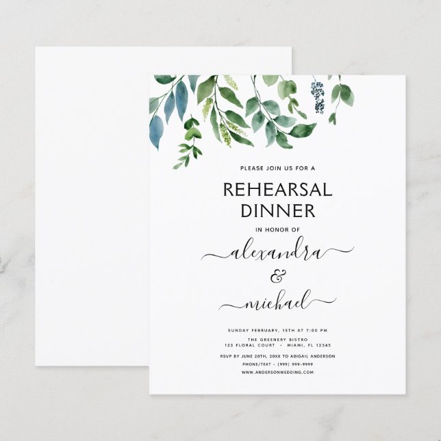 Jantar de Ensaios com Folhagem Verde Elegante dent (Frente/Verso)