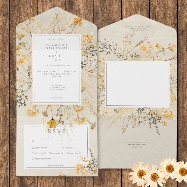 Jantar de Flores Silvestres de Campos de Outono Rú (Rustic Fall Fields Wildflower Dinner All In One Invitation)