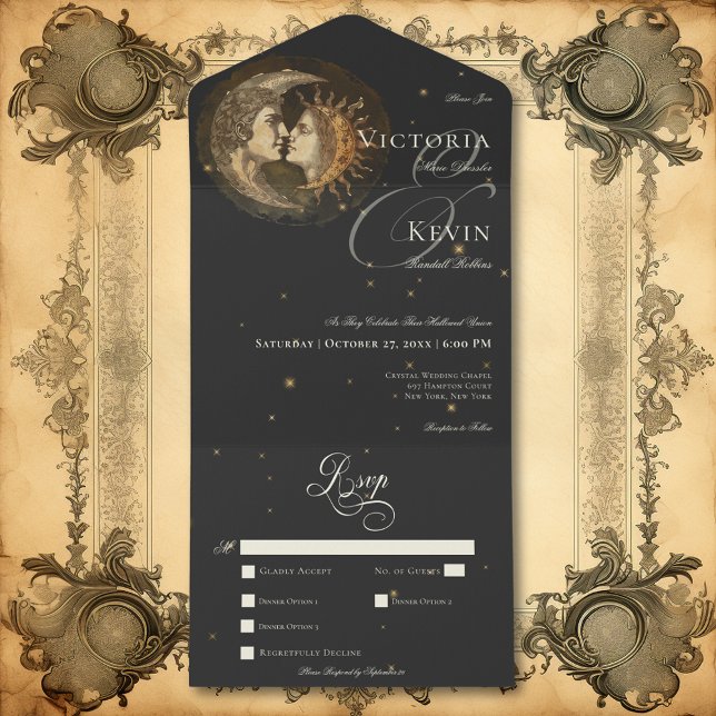Jantar Escuro e Sombrio Vitoriano da Lua e do Sol  (Dark Moody Victorian Kissing Moon & Sun Dinner All In One Invitation)