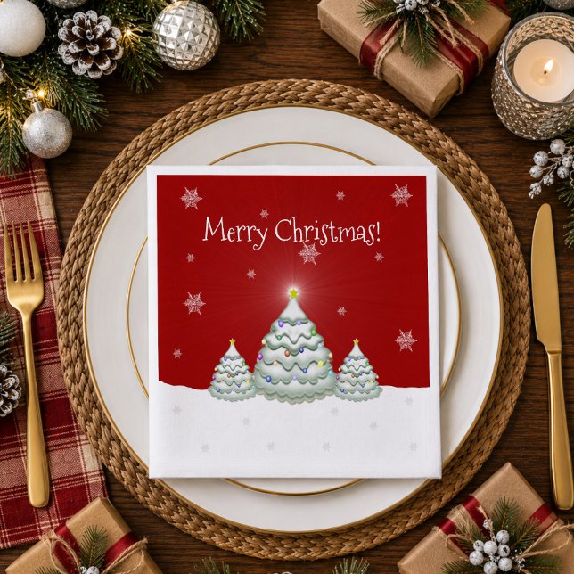 Jantar Guardanapo de Papel Árvore de Natal Vermelha com N (Red Snowy Christmas Tree Paper Napkins)