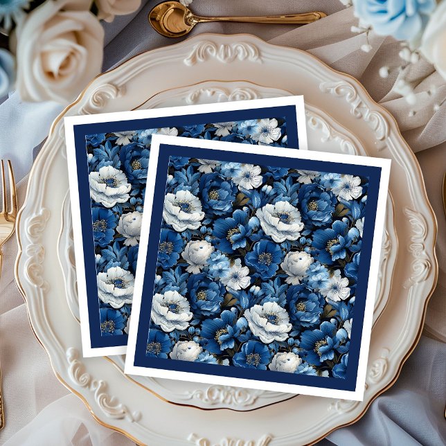 Jantar Guardanapo de papel azul-marinho moderno com flora (Modern Navy Blue Ivory Floral Wedding Paper Napkins)