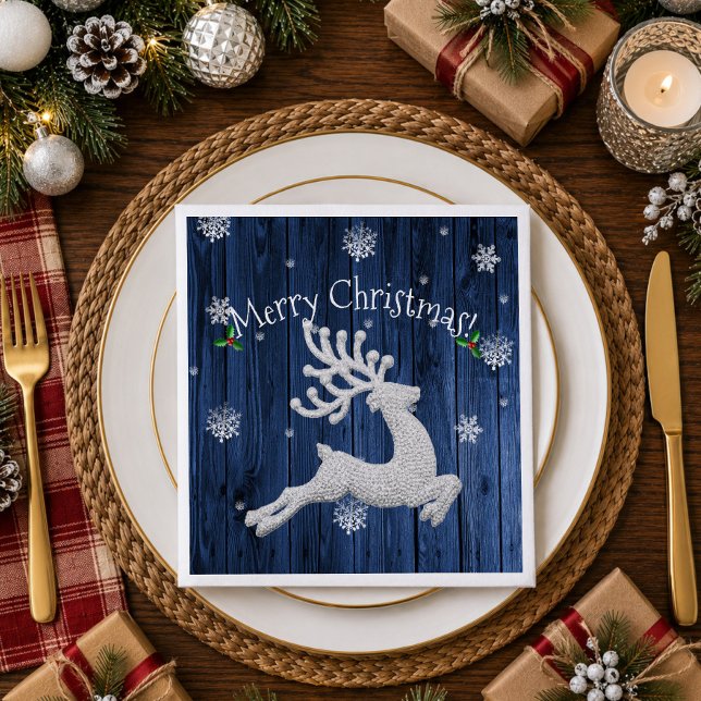 Jantar Guardanapo de Papel Rena de Natal Rústico Azul (Blue Rustic Christmas Reindeer Paper Napkins)