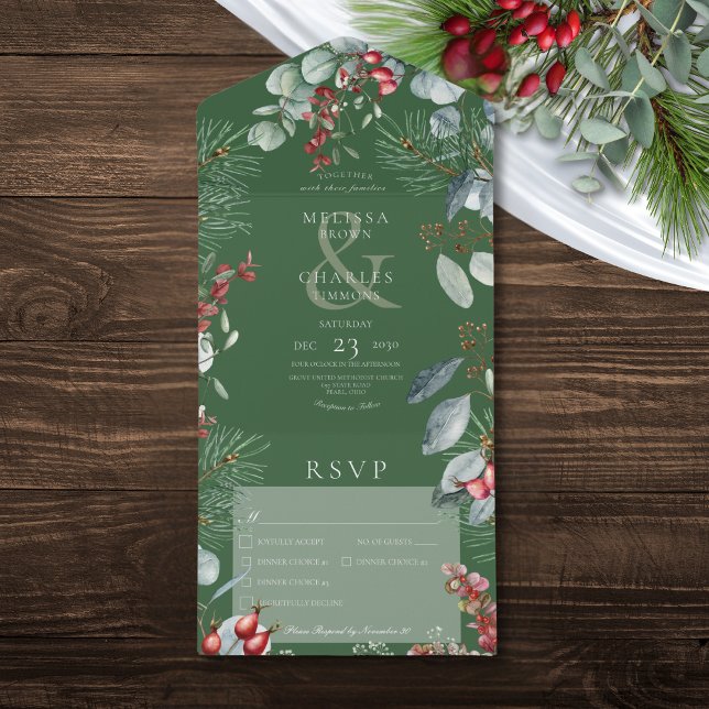 Janto 3 dos Verdes/Comissão Eucalyptus Pine Berrie (Green Winter Pine Berries Eucalyptus Three Dinner All In One Invitation)