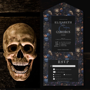 Janto Azul Vintage Gótico Escuro Floral e Skulls