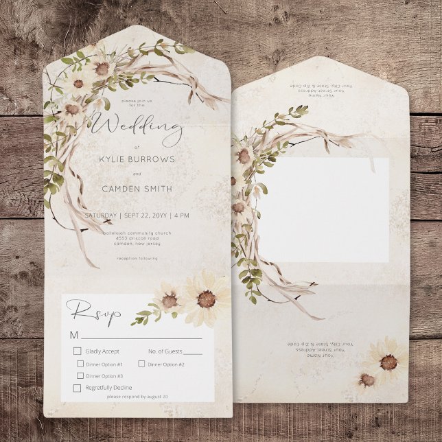 Janto Boho Cream Daisies & Grass Seco (Boho Cream Daisies & Dried Grass Dinner All In One Invitation)