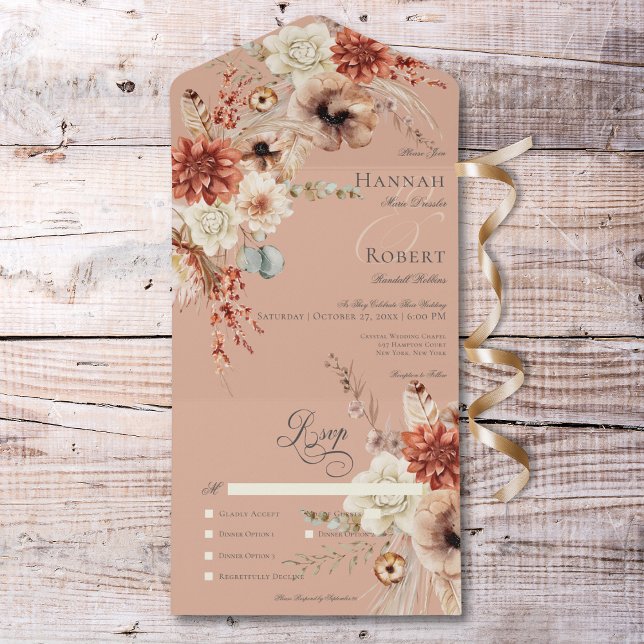 Janto Boho Peach & Rust Floral & Feather Peach (Boho Peach & Rust Floral & Feather Peach Dinner All In One Invitation)
