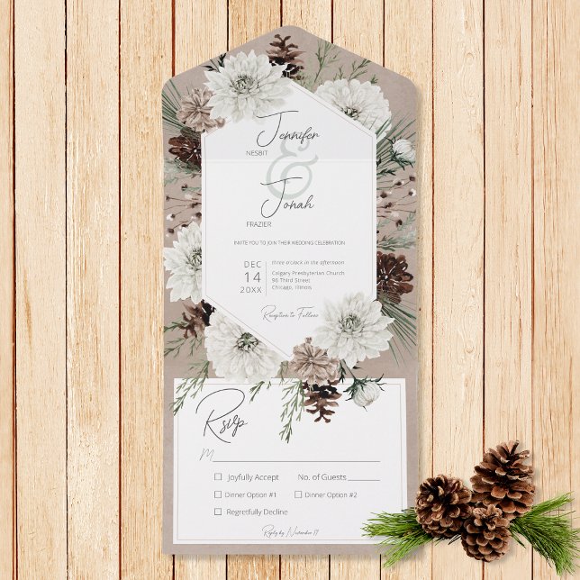 Janto Boho Winter White Floral & Pine Brown (Also available with a QR code or with dinner selection options.)
