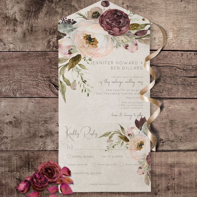 Janto Borgonha e Galinhas-Rosa (Burgundy Cream & Pink Vintage Peonies All In One Wedding Invitation with Dinner Options)