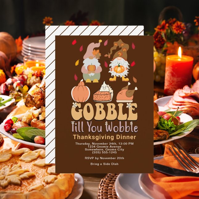 Janto de Ação de Graças Gnomos Gobble Convite (Thanksgiving Dinner Gnomes Gobble Quote Invitation)