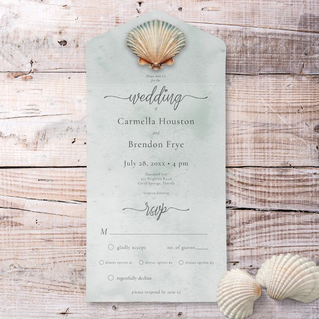 Janto de Aqua Watercolor de Seashell Costeiro Mode (Modern Coastal Seashell Aqua Watercolor Dinner All In One Invitation)