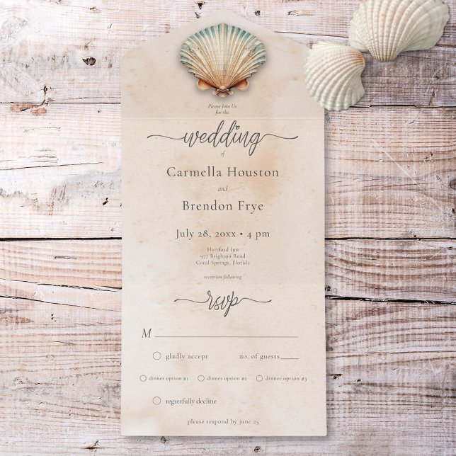 Janto de Aquarela de Seashell Costeira Moderno (Modern Coastal Seashell Sand Watercolor Dinner All In One Invitation)