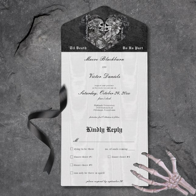 Janto de Casal de Esqueleto Preto e Branco Gótico (Gothic Black & White Skeleton Couple Dinner All In One Invitation)