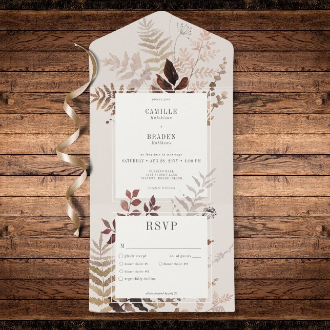Janto de Casamento Botânico Boho Fall Brown (Modern Autumn Brown Ferns & Leaves Dinner All In One Invitation)