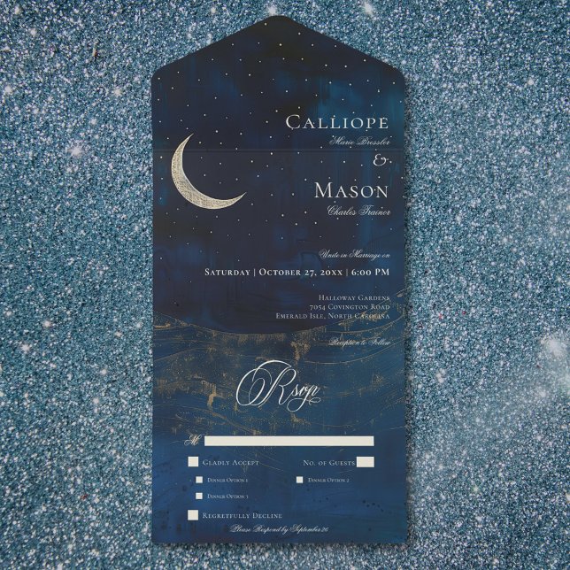 Janto de Casamento da Lua Celestial Blue Crescent (Celestial Blue Crescent Moon Wedding Dinner All In One Invitation)
