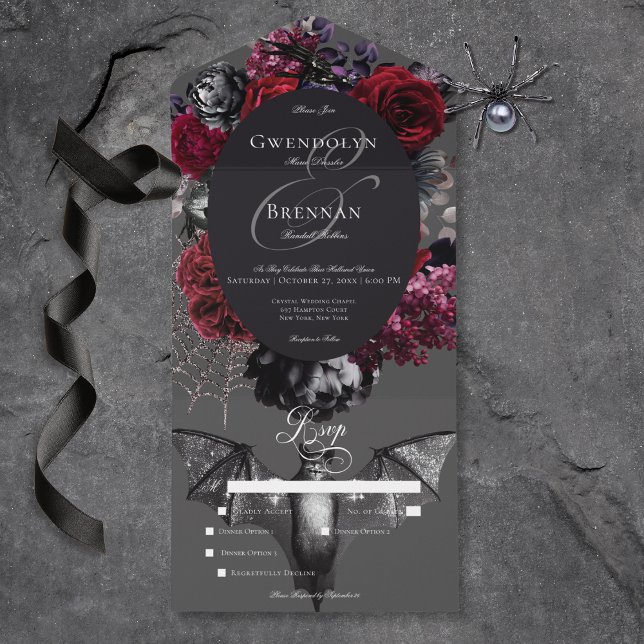 Janto de Casamento de Cinzas Florais de Glam das T (Dark Halloween Glam Floral Gray Wedding Dinner All In One Invitation)