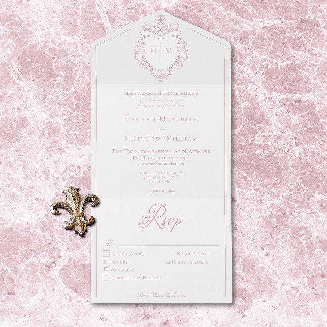 Janto de Casamento de Crest de Aves, de Cor Rosa E (Elegant Pink Chinoiserie Bird Crest Wedding Dinner All In One Invitation)