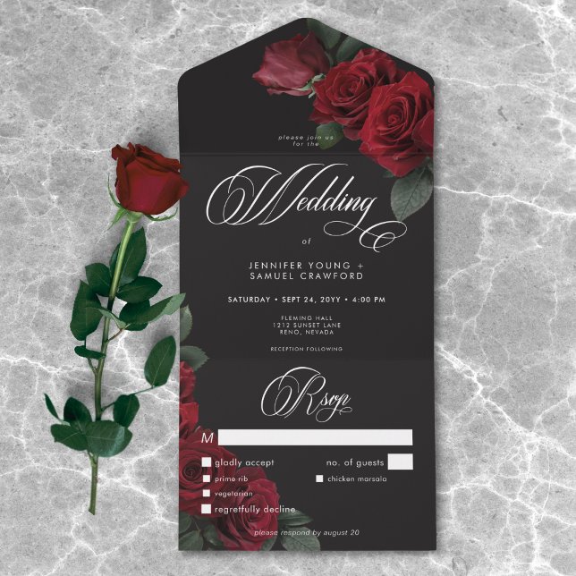 Janto de Casamento de Rosas vermelhas de Sangue El (Elegant Moody Blood Red Roses Wedding Dinner All In One Invitation)