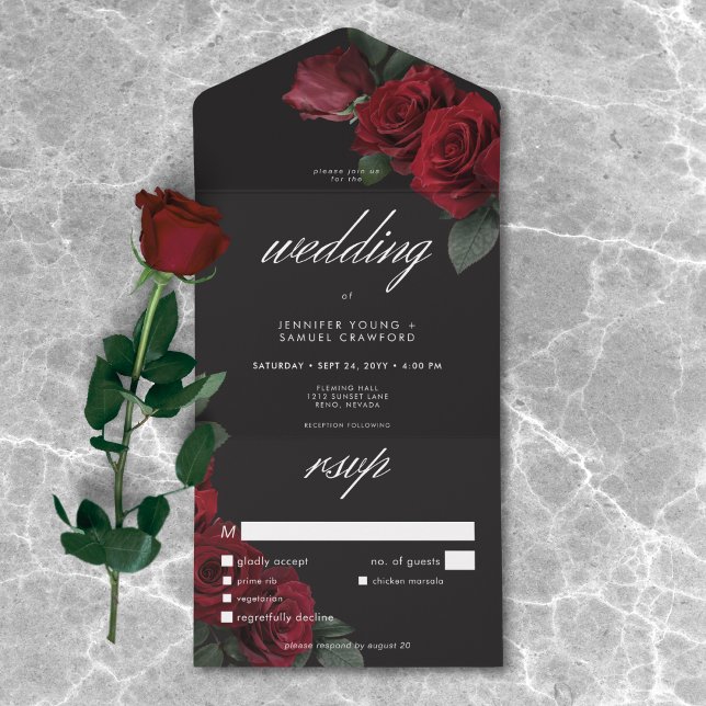 Janto de Casamento de Rosas vermelhas de Sangue El (Elegant Moody Blood Red Roses Wedding Dinner All In One Invitation)