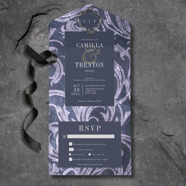 Janto de Damasco Roxo-Roxo Gótico Escuro (Also available with a QR code or without dinner selection options.)