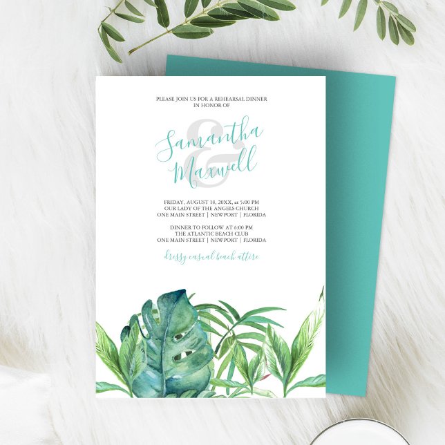 Janto de Ensaio de Folhas Tropicais de Aquarela (tropical beach wedding invitations features watercolor palm leaves in shades of green. )