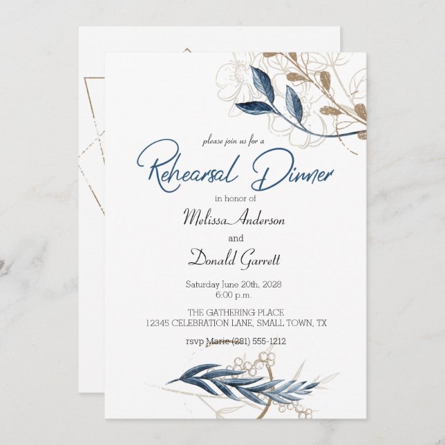 Janto de Ensaio Elegante Floral Dourado Azul (Frente/Verso)