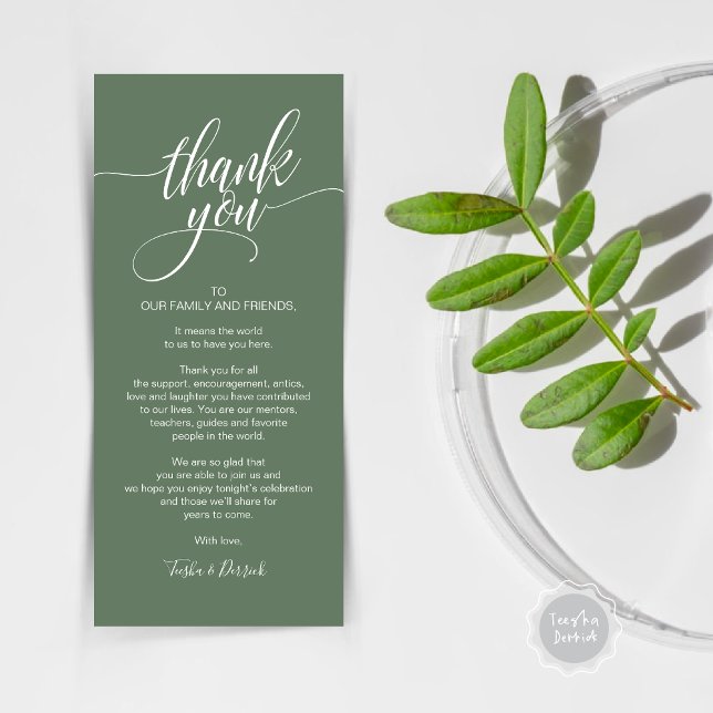Janto de ensaio Obrigado Colocar o Cartão de Defin (Rehearsal Dinner Wedding Brunch Celebration, Place Setting Thank You Card, in Forest Sage Green)