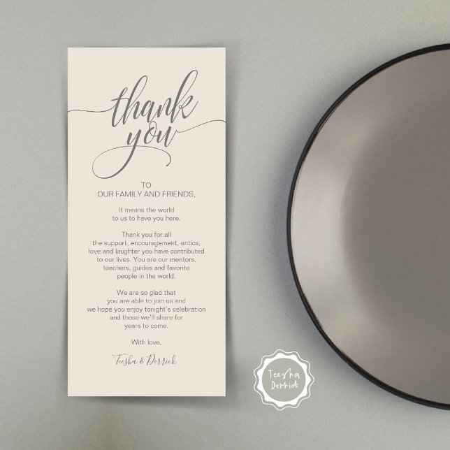 Janto de ensaio Obrigado Colocar o Cartão de Defin (Rehearsal Dinner Wedding Brunch Celebration, Place Setting Thank You Card, in Cream Grey)