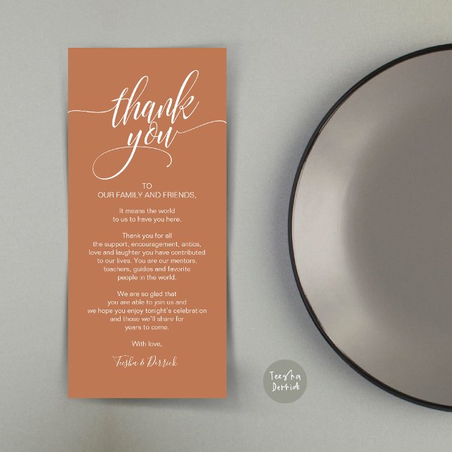 Janto de ensaio Obrigado Colocar o Cartão de Defin (Rehearsal Dinner Wedding Brunch Celebration, Place Setting Thank You Card, in Copper Rust)