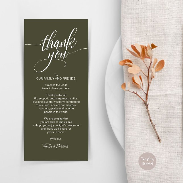Janto de ensaio Obrigado Colocar o Cartão de Defin (Rehearsal Dinner Wedding Brunch Celebration, Place Setting Thank You Card, in Olive Green)