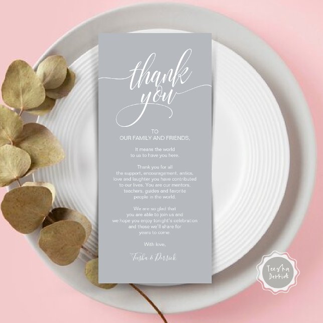 Janto de ensaio Obrigado Colocar o Cartão de Defin (Wedding Dinner Place Setting Thank You Card, Modern Classy Elegant Script, Chill Grey)