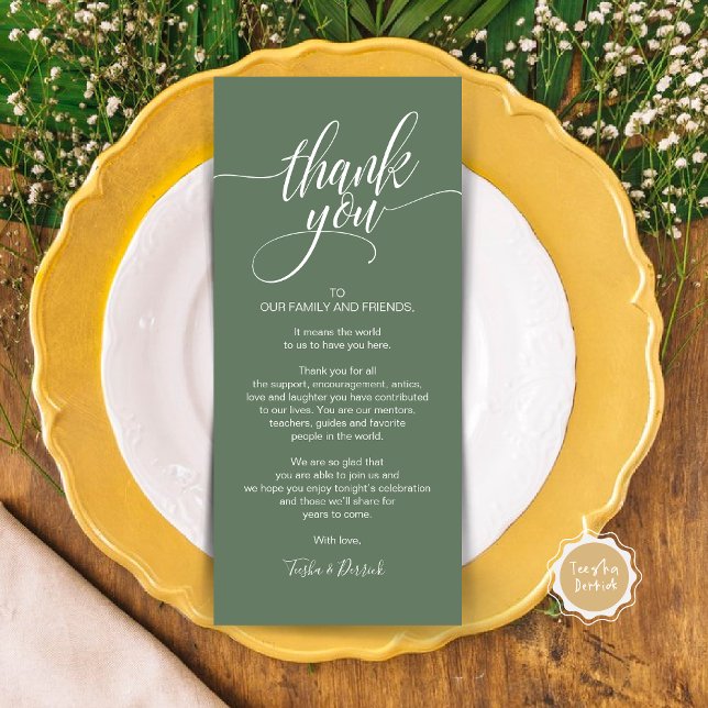 Janto de ensaio Obrigado Colocar o Cartão de Defin (Wedding Dinner Place Setting Thank You Card, Modern Classy Elegant Script, Forest Sage Green)