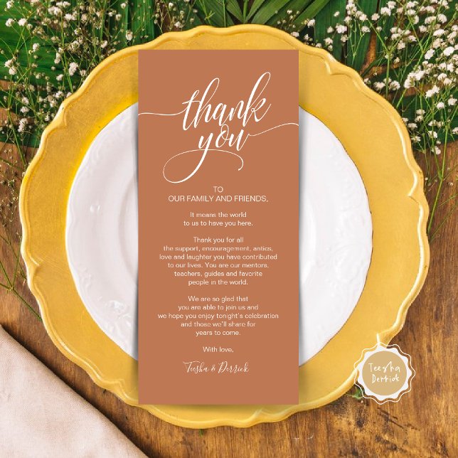 Janto de ensaio Obrigado Colocar o Cartão de Defin (Wedding Dinner Place Setting Thank You Card, Modern Classy Elegant Script, in Copper themed)