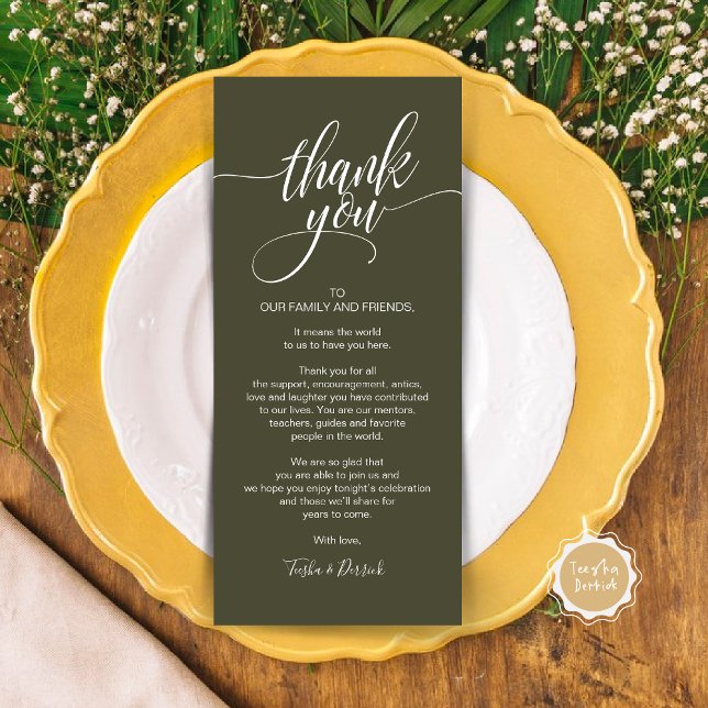 Janto de ensaio Obrigado Colocar o Cartão de Defin (Wedding Dinner Place Setting Thank You Card, Modern Classy Elegant Script, Olive Green)