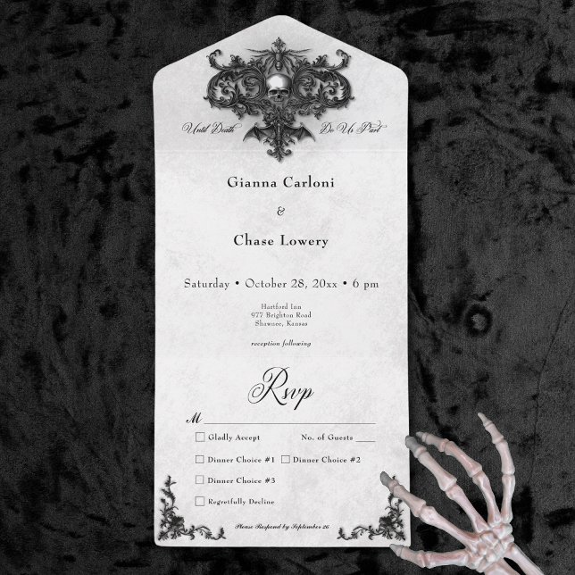 Janto de Filigrana do Halloween Preto e Branco Gót (Gothic Black & White Halloween Filigree Dinner All In One Invitation)