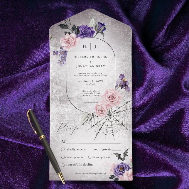 Janto de Halloween Floral Rosa Gótico e Roxo (Also available with a QR code or without dinner selection options.)