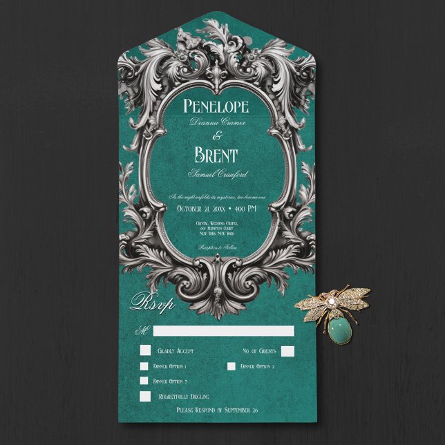 Janto de Quadros Vitoriano do Teal Moody (Gothic Teal Moody Victorian Frame Dinner All In One Invitation)