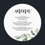 Janto de recepções de casamento, Menu Eucalyptus G<br><div class="desc">Eucalyptus Greenery Russo Moderno,  Luzes de Cordas,  Formas de Placa Redonda,  Menu Janto de Elemento de Casamento. Um menu de bar perfeito para o seu grande dia. Você pode alterar as cores da fonte do script e alterar o conteúdo e as fontes do menu para atender às suas necessidades.</div>