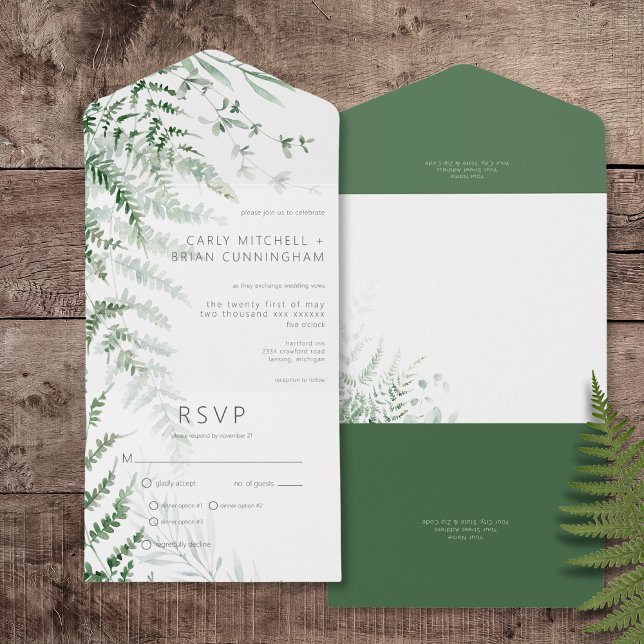 Janto Delicate Greenery Ferns (Elegant Delicate Greenery Ferns All In One Wedding Invitation with Dinner Options)