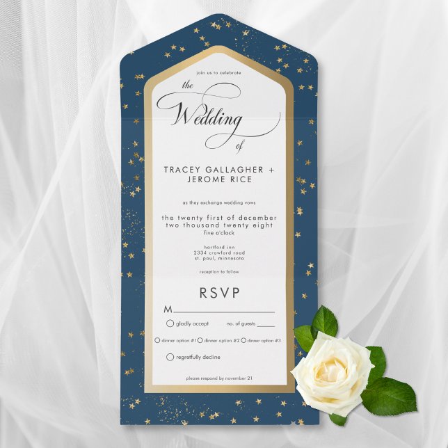 Janto Dourado Azul e Branco Moderno (Modern Blue & White Starry Gold All In One Wedding Invitation with Dinner Options)