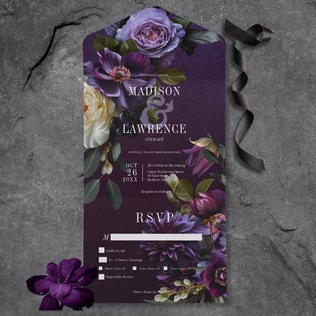 Janto Floral Branco e Roxo Escuro (Dark Moody Purple & White Floral All In One Wedding Invitation with Dinner Options)