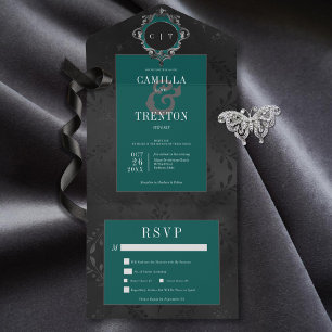 Janto Floral de Satina Preto-Teal Escuro