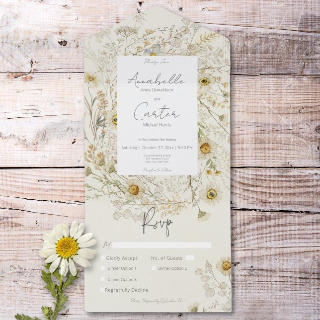 Janto Floral Moderno Russo Seco de Visitas (Modern Rustic Dried Daisies Floral Dinner All In One Invitation)