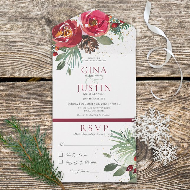 Janto Floral Russo Red & Green Winter Pine (Also available with a QR code.)